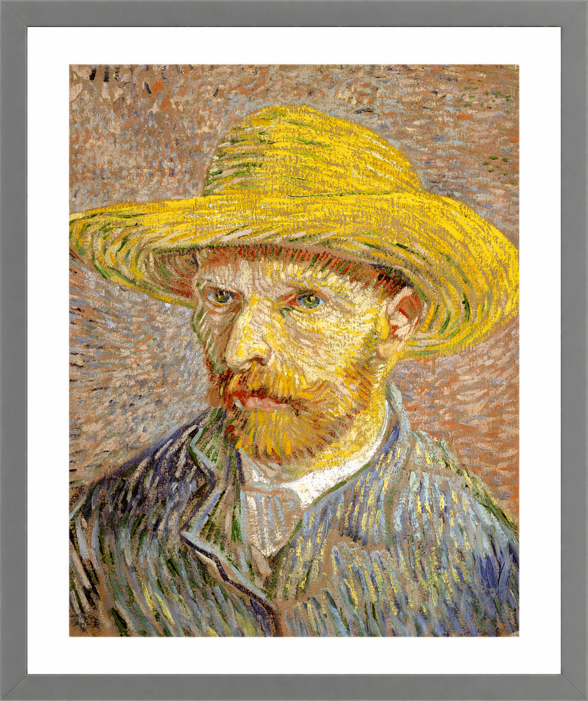 Vincent van Gogh Print, 033 Self-Portrait with Straw Hat_10x8 in a light grey frame
