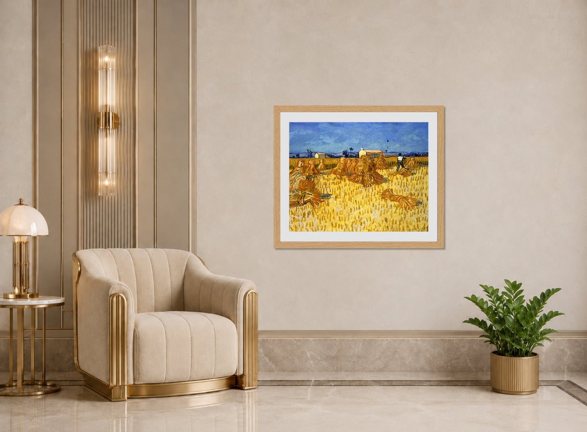 Vincent van Gogh Print, 034 Corn Harvest in Provence_10x8 displayed in an Art Deco interior