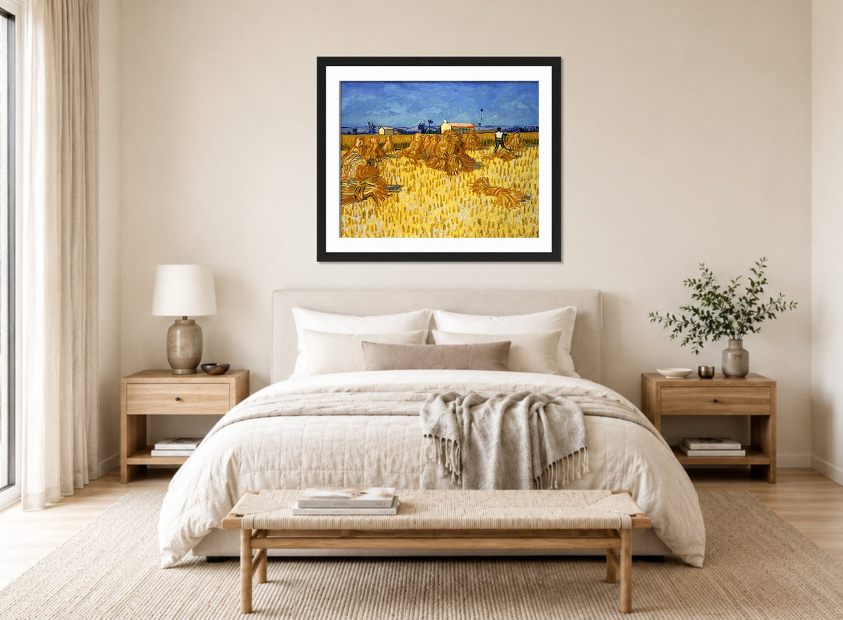 Vincent van Gogh Print, 034 Corn Harvest in Provence_10x8 displayed above a bed