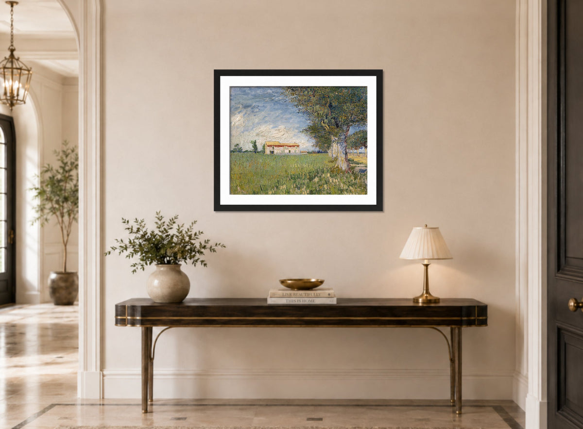 Vincent van Gogh Print, 037 Farmhouse in a wheat field (1888)_10x8 displayed above a console table
