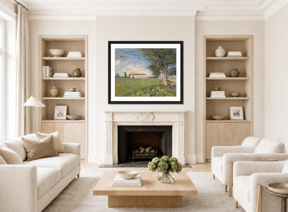 Vincent van Gogh Print, 037 Farmhouse in a wheat field (1888)_10x8 displayed in a Scandinavian living room