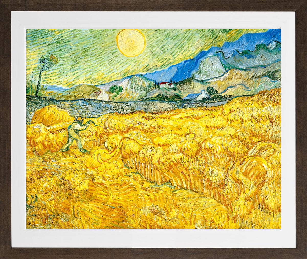 Vincent van Gogh Print, 055 Wheat Field Behind Saint-Paul Hospital with a Reaper_10x8 in a brown frame