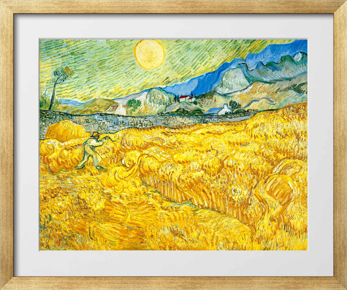 Vincent van Gogh Print, 055 Wheat Field Behind Saint-Paul Hospital with a Reaper_10x8 in a gold frame