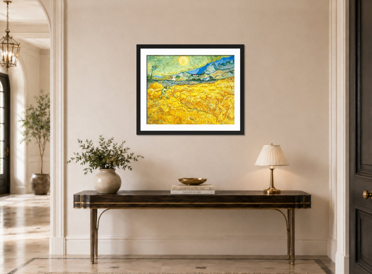 Vincent van Gogh Print, 055 Wheat Field Behind Saint-Paul Hospital with a Reaper_10x8 displayed above a console table