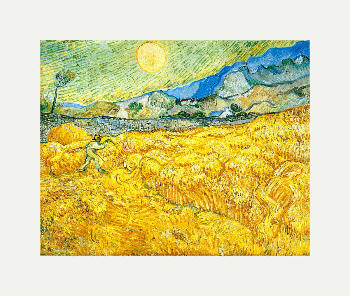 Vincent van Gogh Print, 055 Wheat Field Behind Saint-Paul Hospital with a Reaper_10x8 with an off-white border for rolled canvas