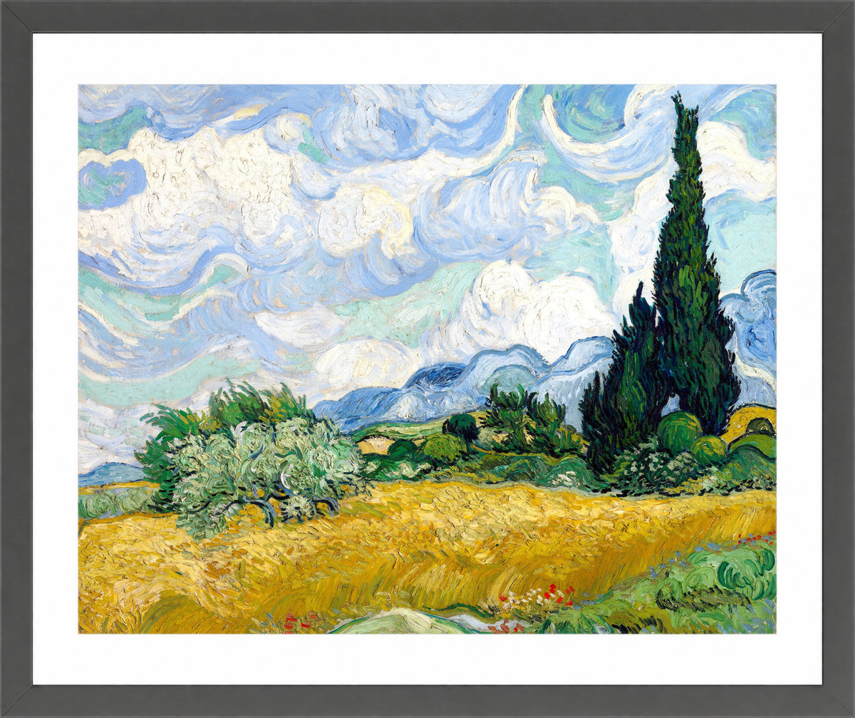 Vincent van Gogh Print, 056 Wheat Field with Cypresses_10x8 in a dark grey frame