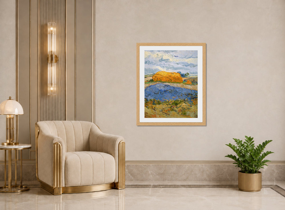 Vincent van Gogh Print, 059 Wheat Stack under a Cloudy Sky_10x8 displayed in an Art Deco interior