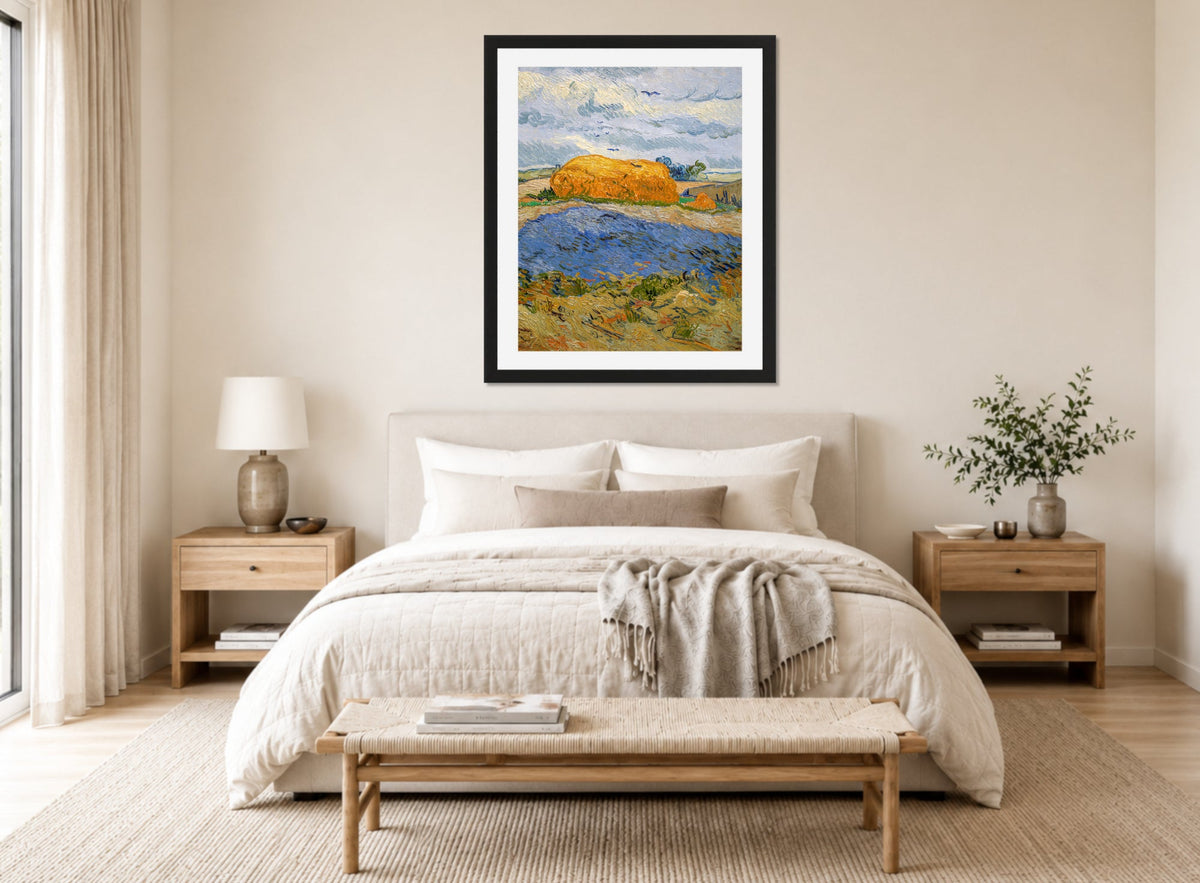 Vincent van Gogh Print, 059 Wheat Stack under a Cloudy Sky_10x8 displayed above a bed
