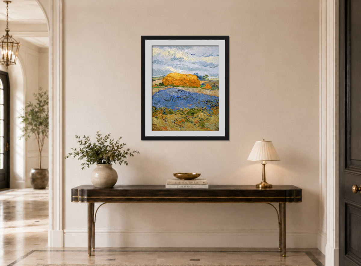 Vincent van Gogh Print, 059 Wheat Stack under a Cloudy Sky_10x8 displayed above a console table