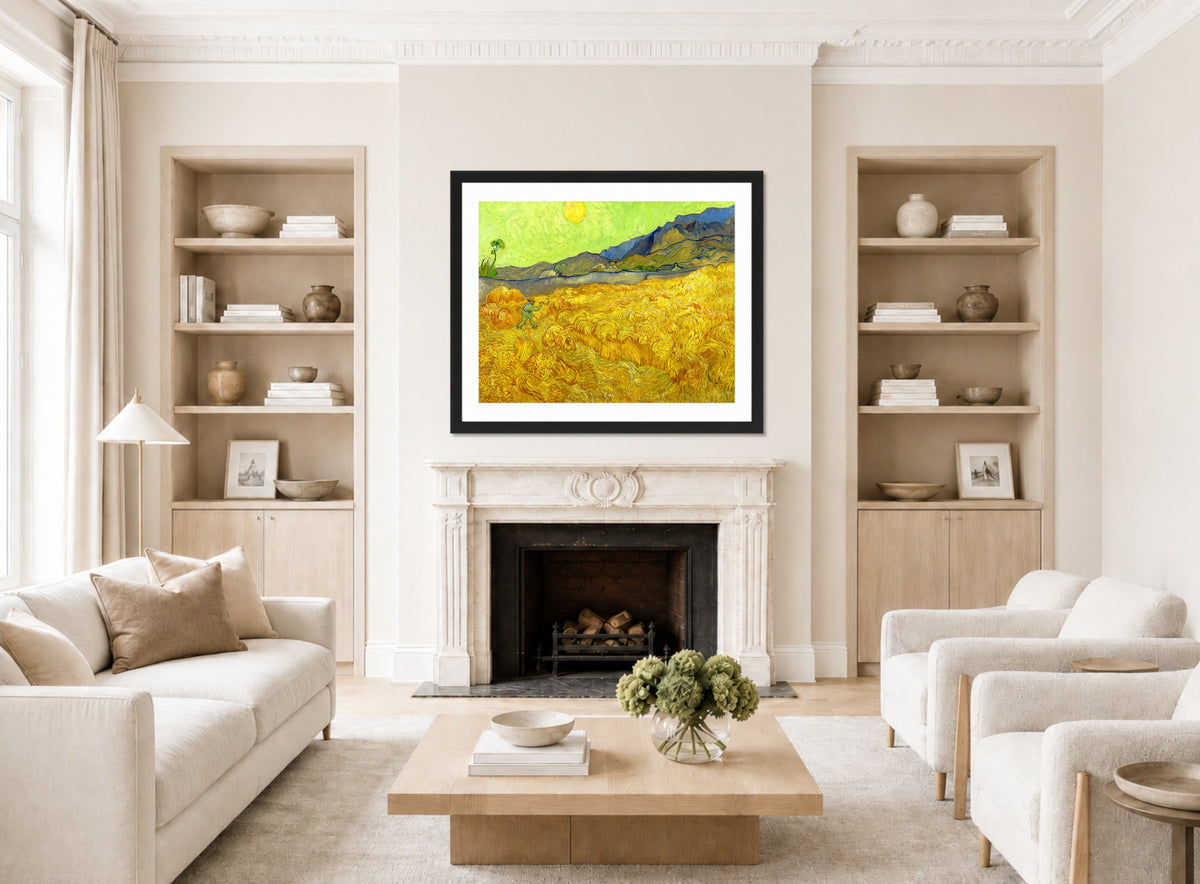 Vincent van Gogh Print, 063 Wheatfield with a reaper (1889)_10x8 displayed in a Scandinavian living room