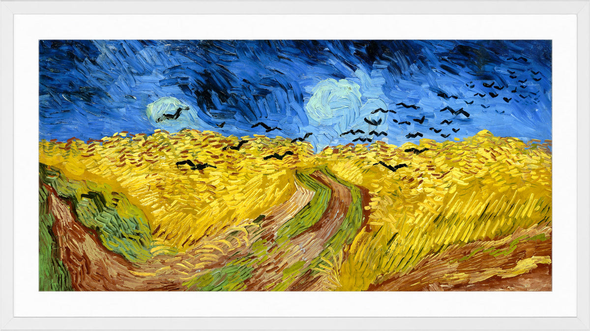 Vincent van Gogh Print, 065 Wheatfield_with_crows_12x6 in a white frame