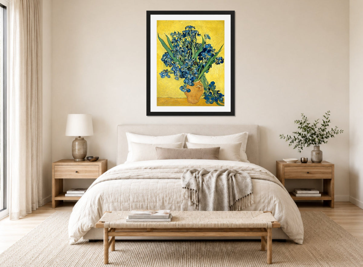 Vincent van Gogh Print, 069 Vase with Irises Against a Yellow Background_10x8 displayed above a bed