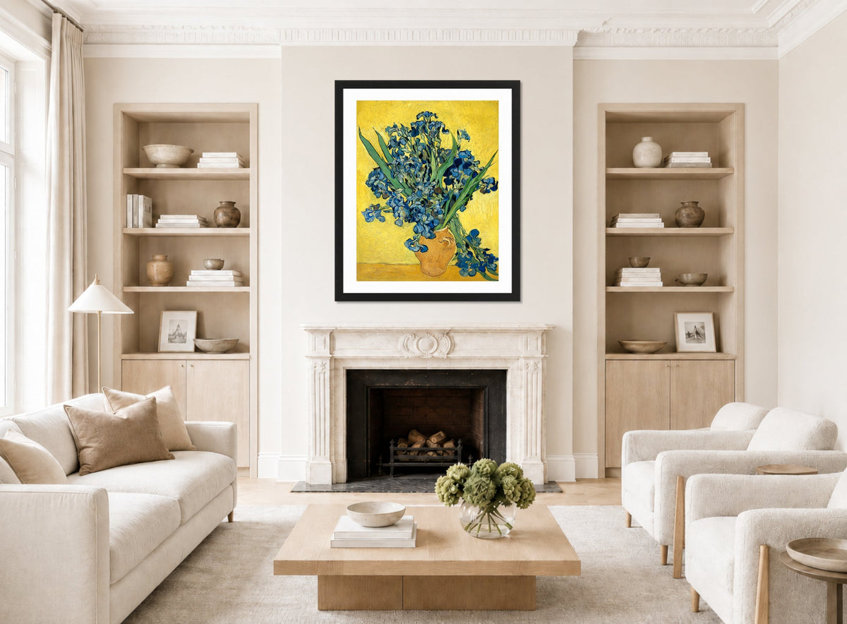 Vincent van Gogh Print, 069 Vase with Irises Against a Yellow Background_10x8 displayed in a Scandinavian living room