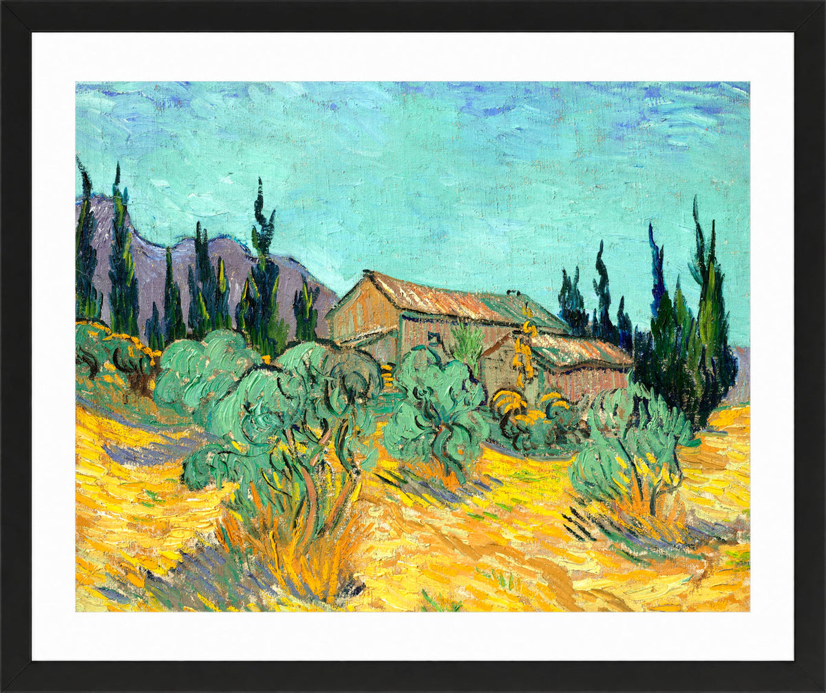 Vincent van Gogh Print, 073 Cabanes de bois parmi les oliviers et cyprès (1889)_10x8 in a black frame