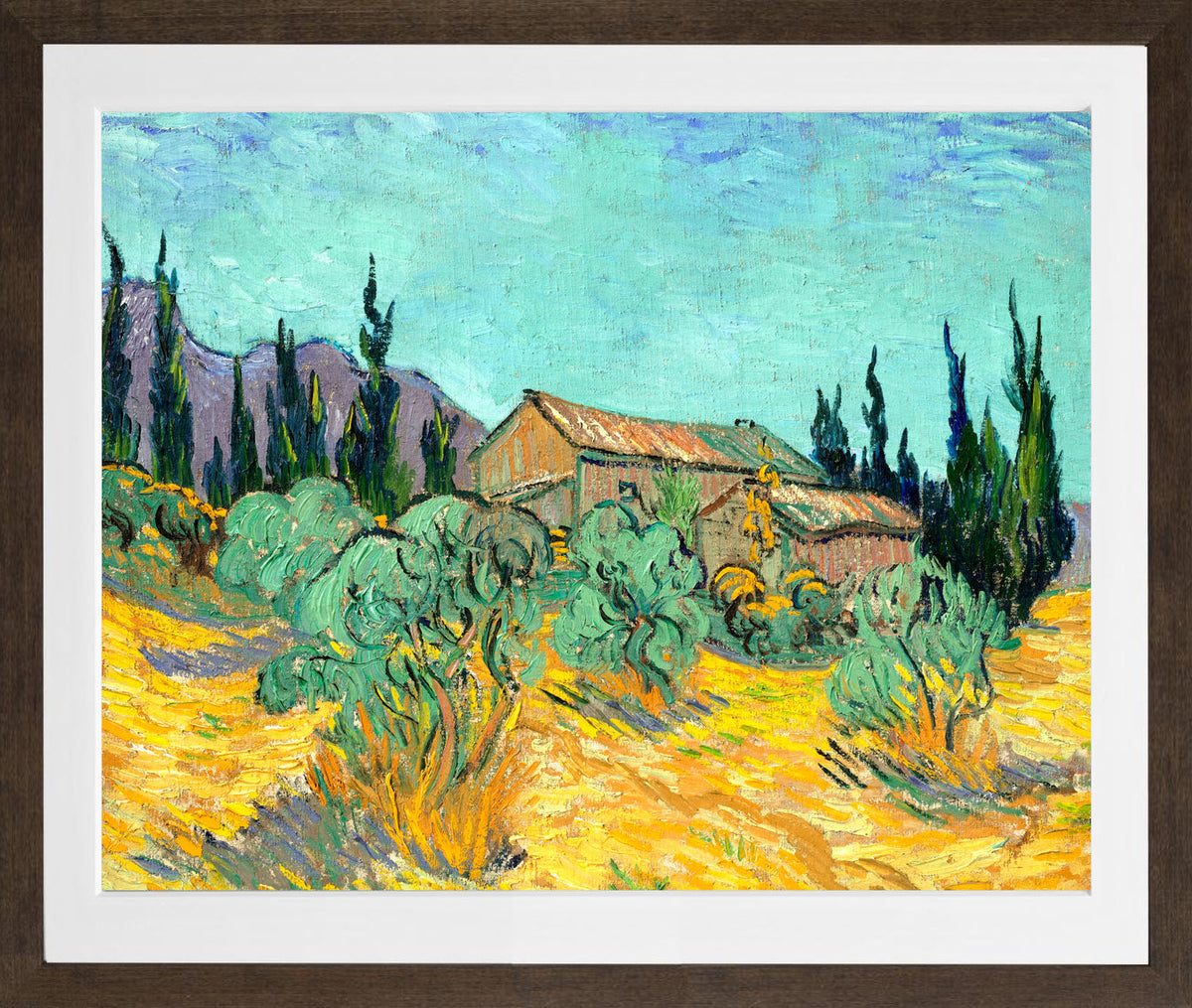Vincent van Gogh Print, 073 Cabanes de bois parmi les oliviers et cyprès (1889)_10x8 in a brown frame