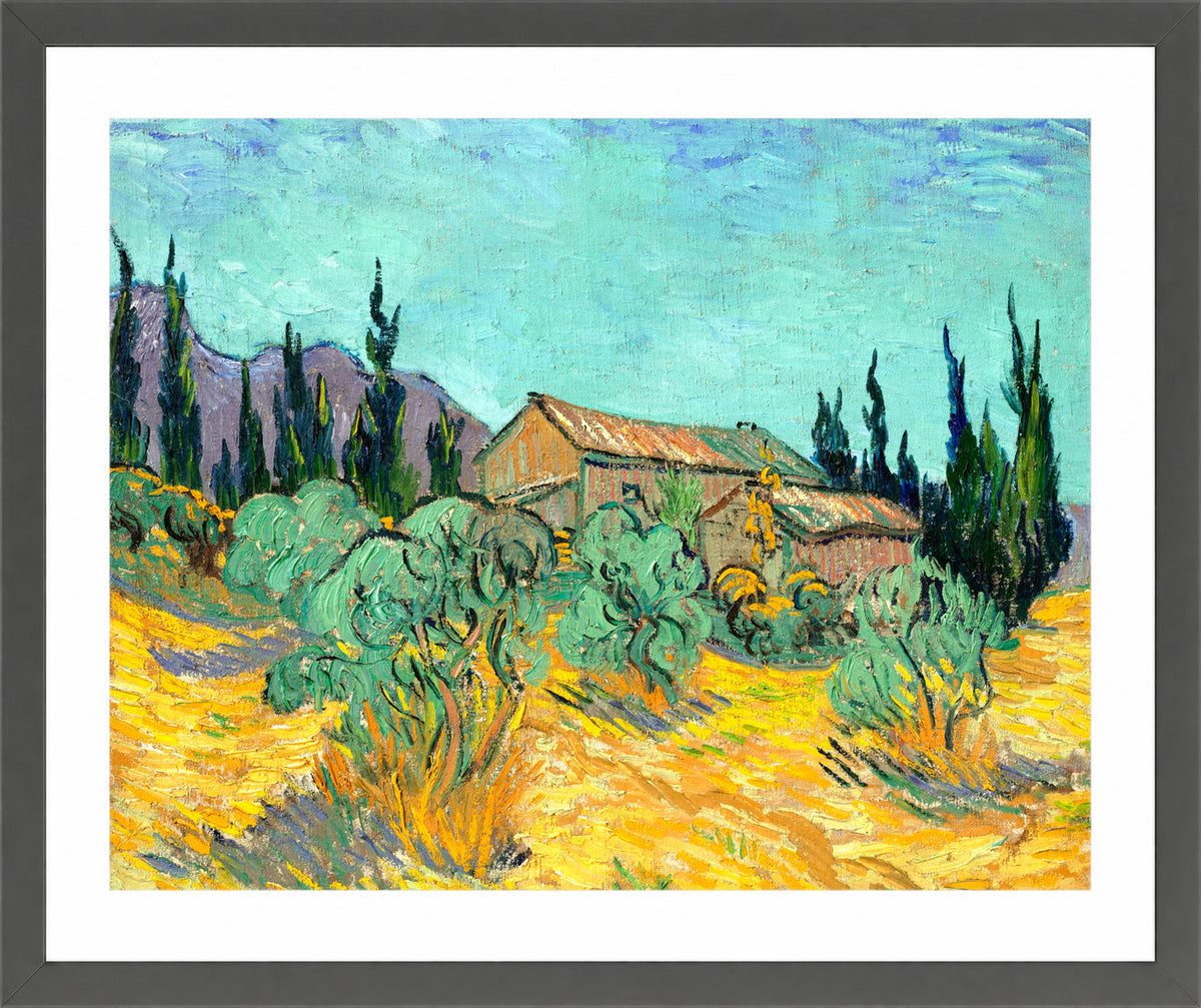 Vincent van Gogh Print, 073 Cabanes de bois parmi les oliviers et cyprès (1889)_10x8 in a dark grey frame