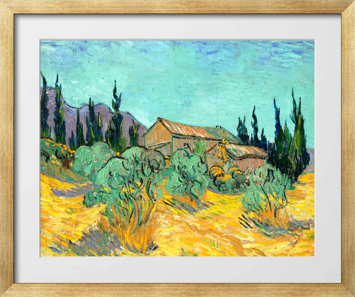 Vincent van Gogh Print, 073 Cabanes de bois parmi les oliviers et cyprès (1889)_10x8 in a gold frame