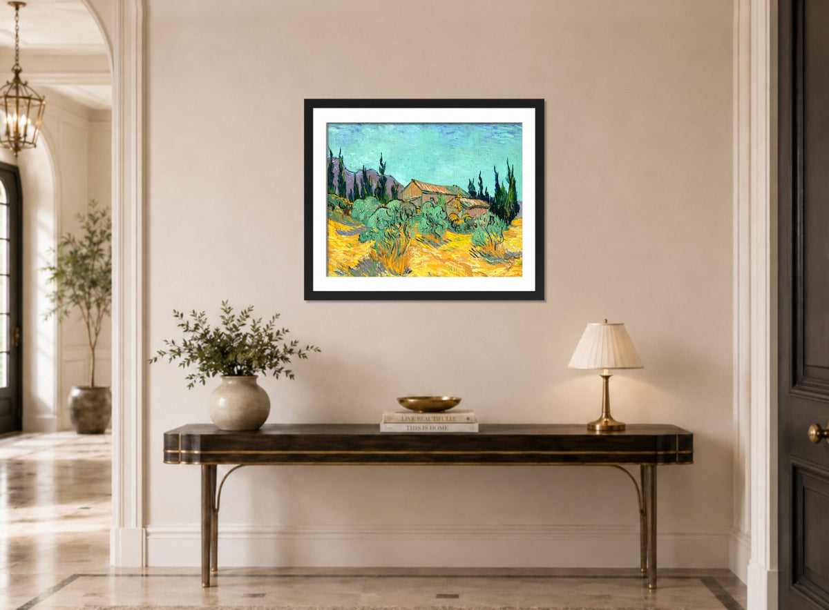 Vincent van Gogh Print, 073 Cabanes de bois parmi les oliviers et cyprès (1889)_10x8 displayed above a console table
