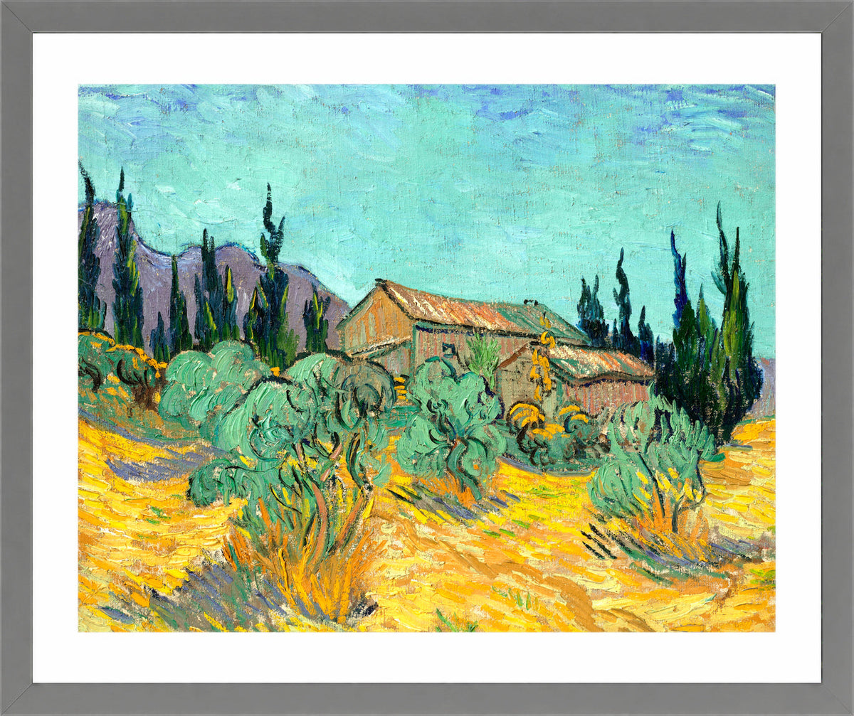 Vincent van Gogh Print, 073 Cabanes de bois parmi les oliviers et cyprès (1889)_10x8 in a light grey frame