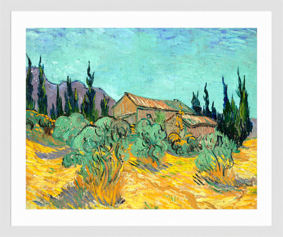 Vincent van Gogh Print, 073 Cabanes de bois parmi les oliviers et cyprès (1889)_10x8 in a white frame