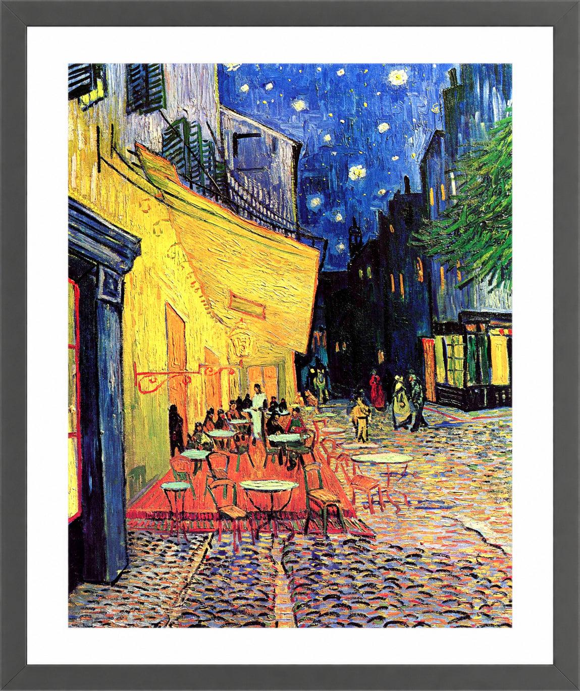Vincent van Gogh Print, 075 CAFE TERRACE ON THE PLACE DU FORUM, ARLES, AT NIGHT_10x8 in a dark grey frame