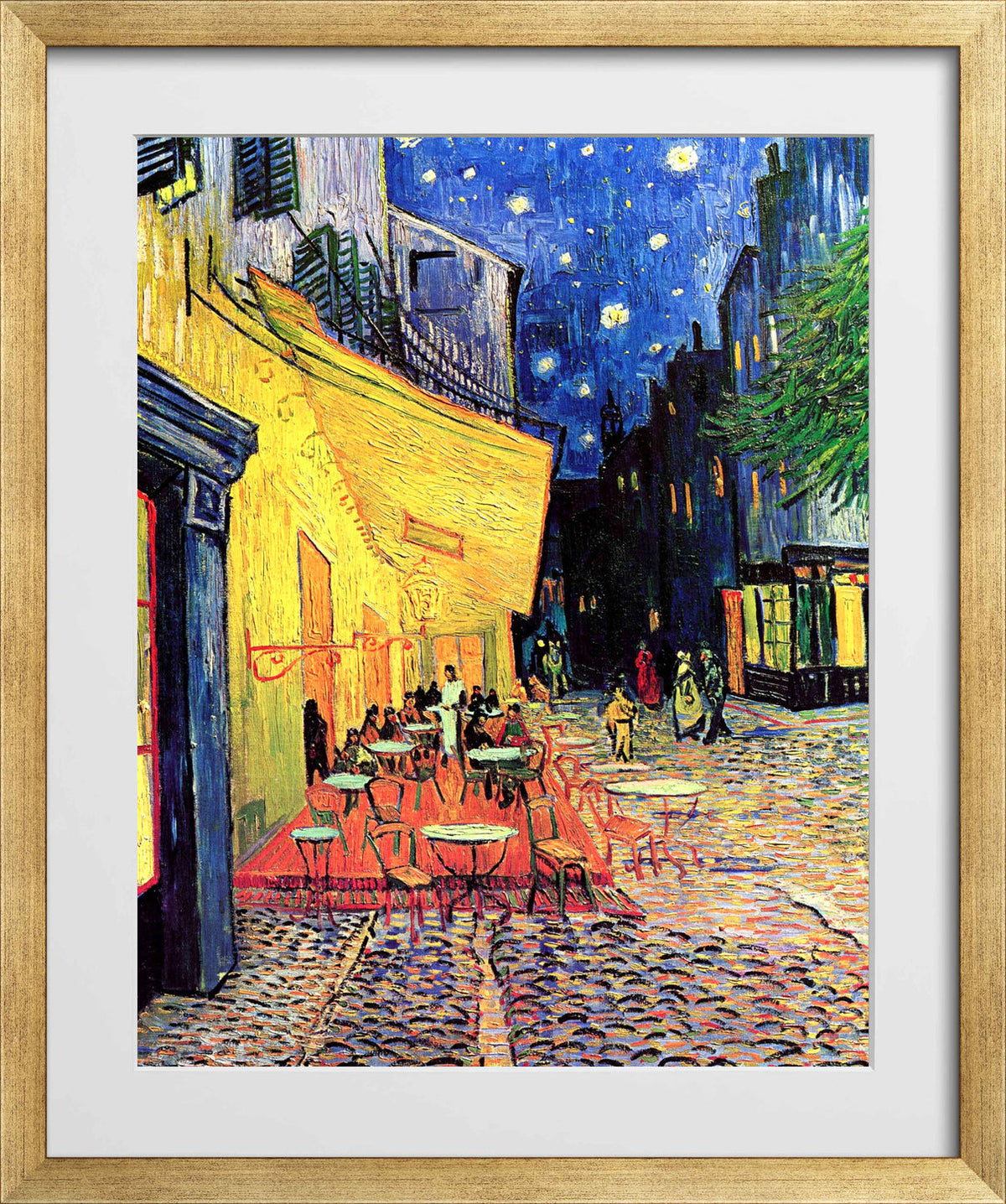Vincent van Gogh Print, 075 CAFE TERRACE ON THE PLACE DU FORUM, ARLES, AT NIGHT_10x8 in a gold frame