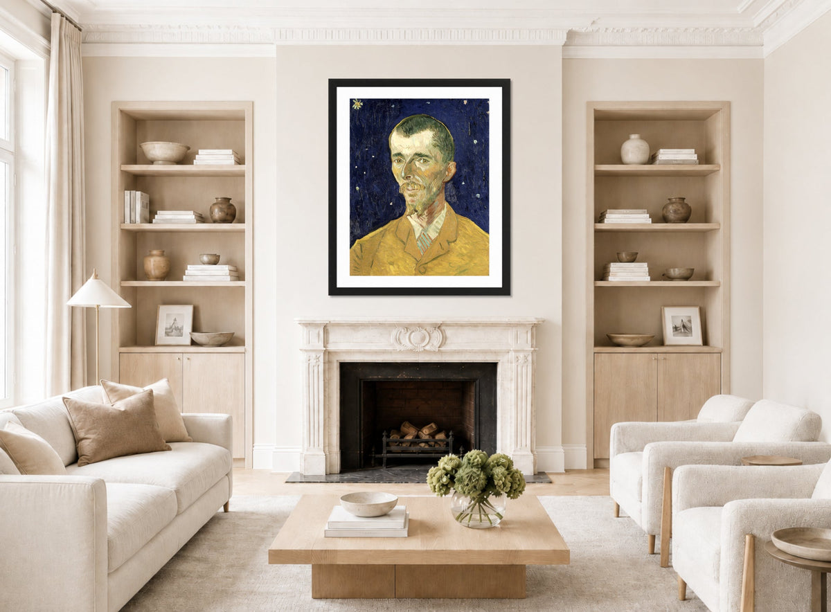 Vincent van Gogh Print, 080 Eugène Boch Portait of Poet against starry sky_8x10 displayed in a Scandinavian living room