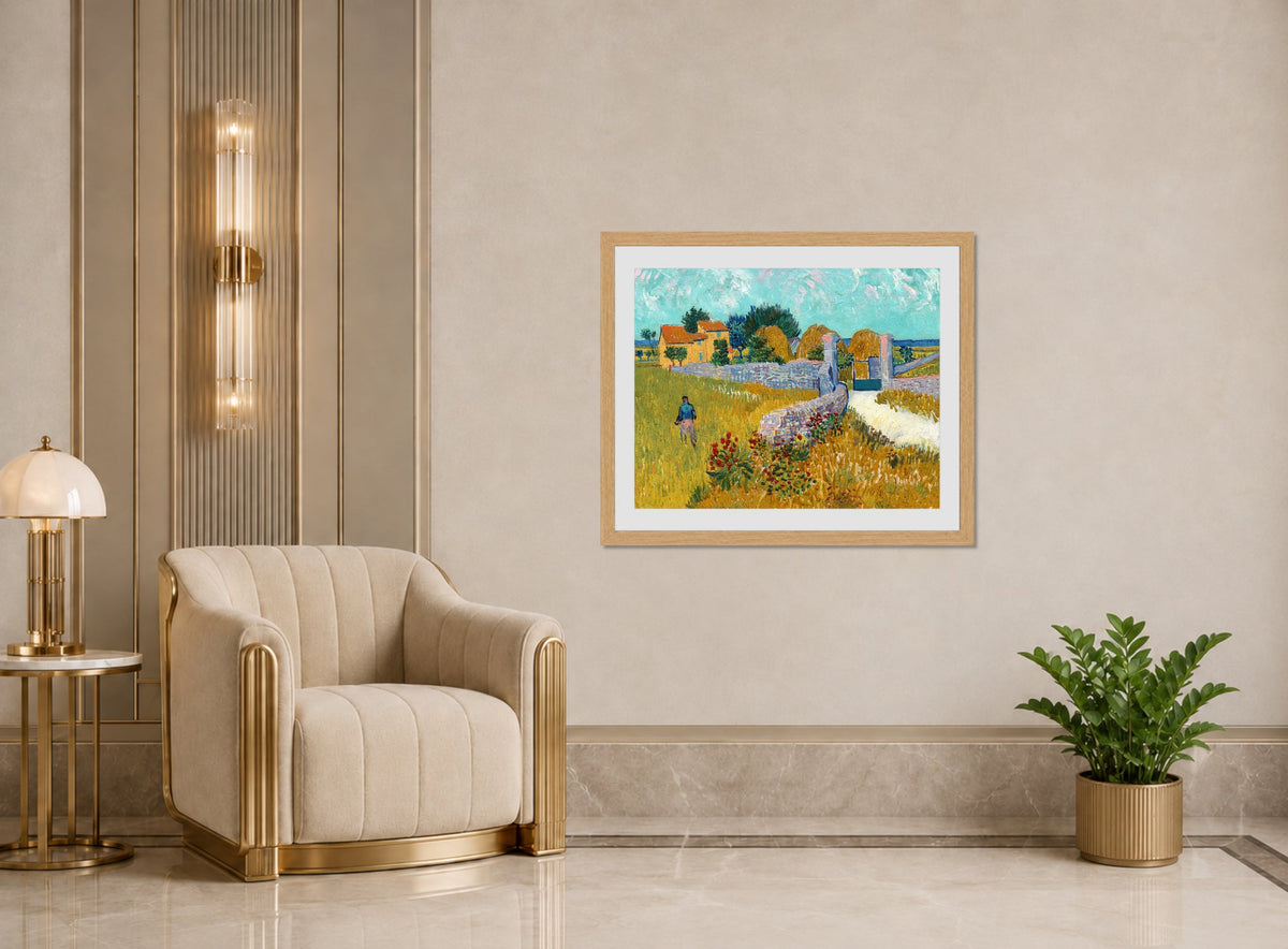 Vincent van Gogh Print, 083 Farmhouse_in_Provence,_1888_10x8 displayed in an Art Deco interior