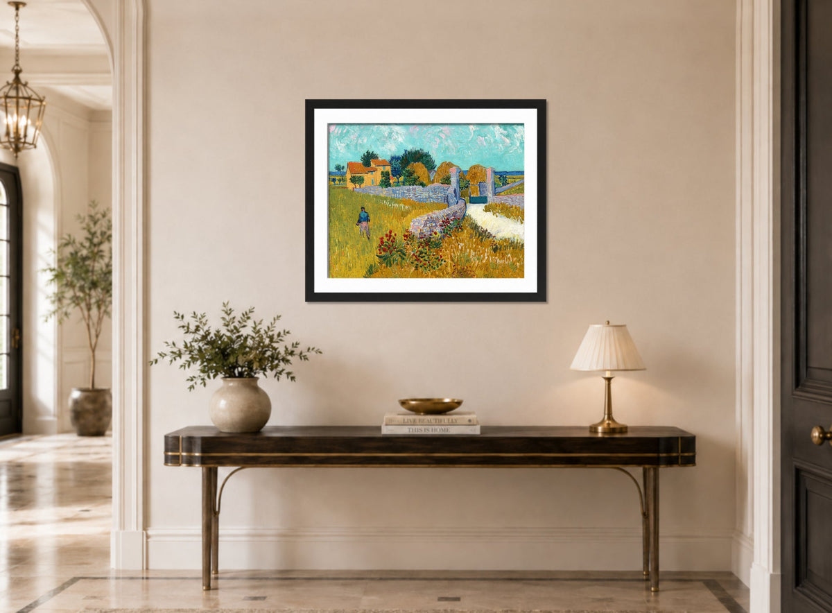 Vincent van Gogh Print, 083 Farmhouse_in_Provence,_1888_10x8 displayed above a console table