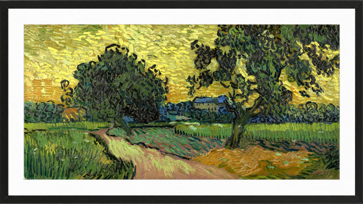 Vincent van Gogh Print, 092 Landscape at twilight (1890)_16x8 in a black frame