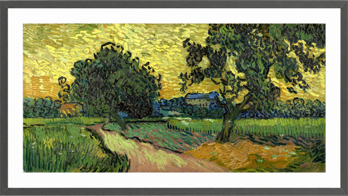 Vincent van Gogh Print, 092 Landscape at twilight (1890)_16x8 in a dark grey frame