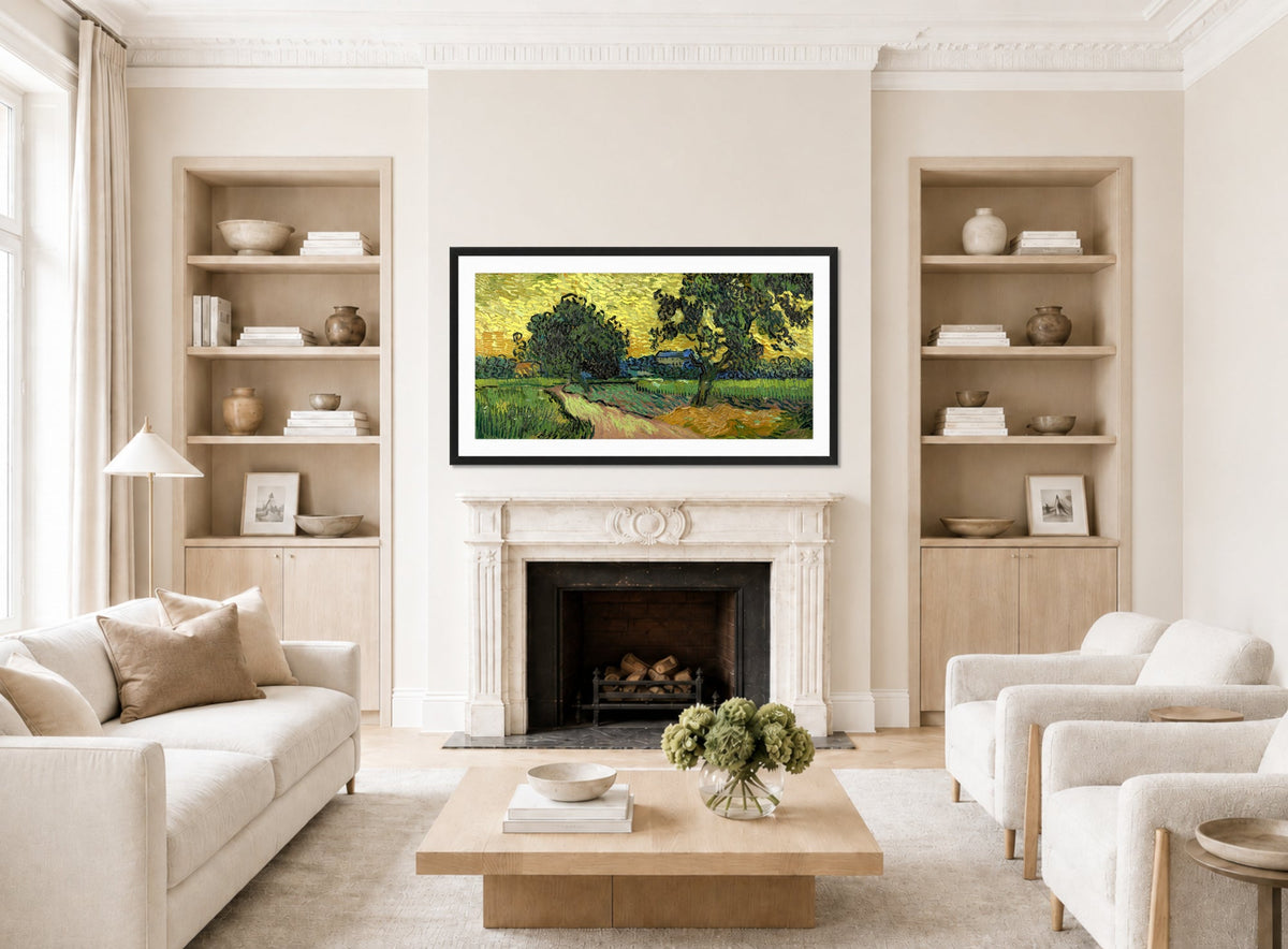 Vincent van Gogh Print, 092 Landscape at twilight (1890)_16x8 displayed in a Scandinavian living room