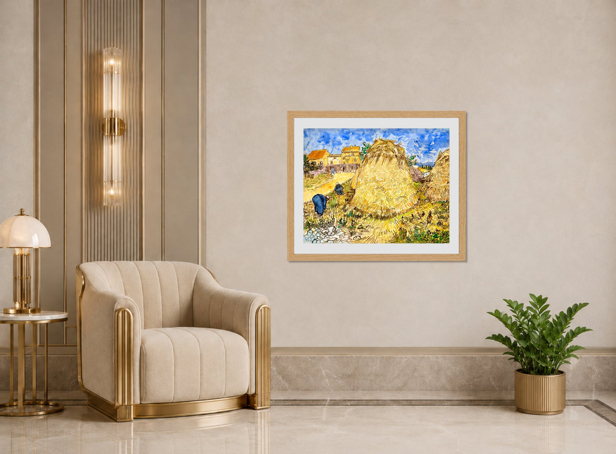 Vincent van Gogh Print, 099 Meules de blé (1888)_10x8 displayed in an Art Deco interior