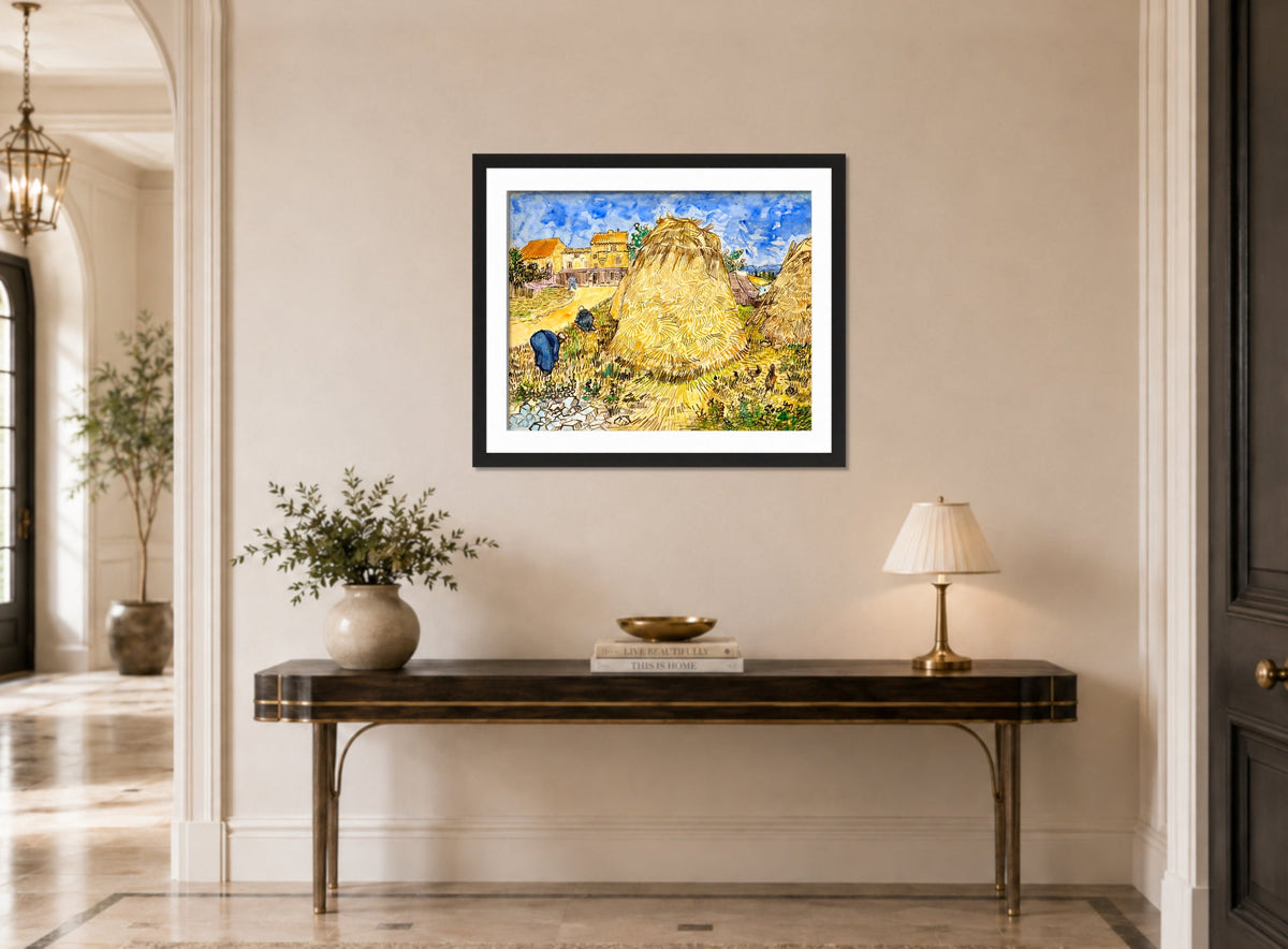 Vincent van Gogh Print, 099 Meules de blé (1888)_10x8 displayed above a console table