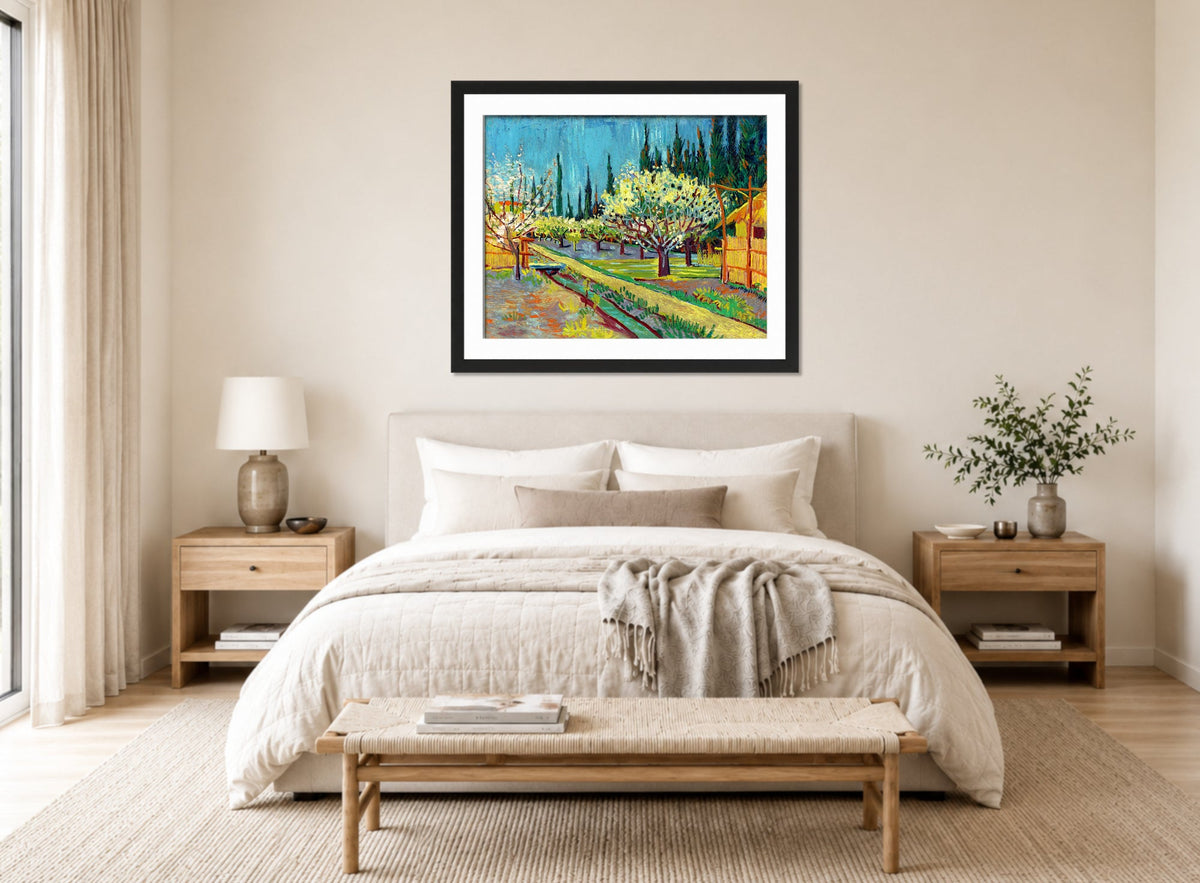 Vincent van Gogh Print, 102 Orchard Bordered by Cypresses_10x8 displayed above a bed