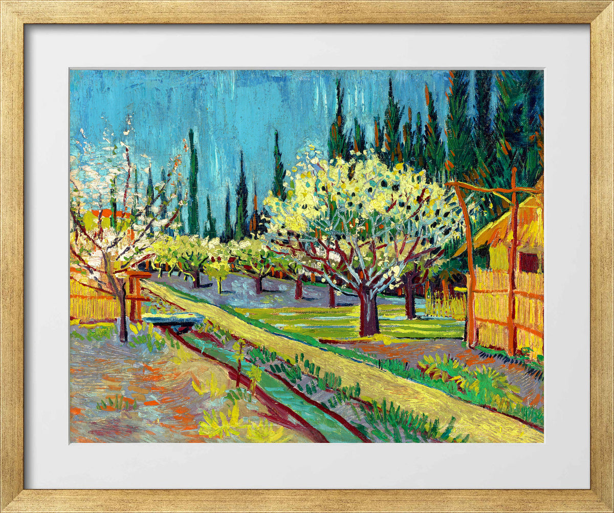 Vincent van Gogh Print, 102 Orchard Bordered by Cypresses_10x8 in a gold frame
