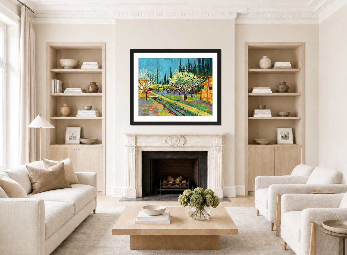 Vincent van Gogh Print, 102 Orchard Bordered by Cypresses_10x8 displayed in a Scandinavian living room