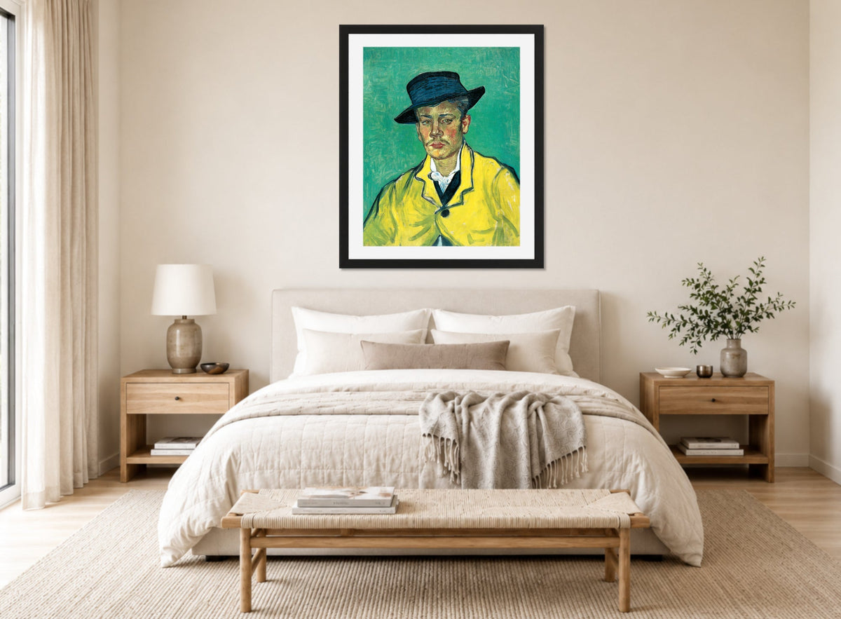 Vincent van Gogh Print, 109 Portrait of Armand Roulin_10x8 displayed above a bed