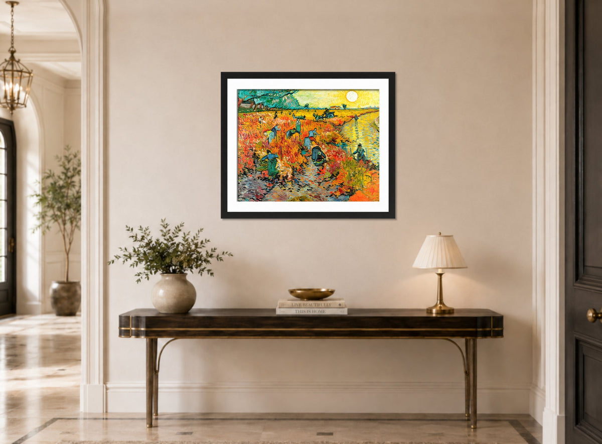 Vincent van Gogh Print, 112 Red Vineyard at Arles (1888)_10x8 displayed above a console table