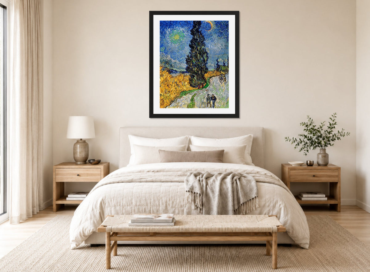 Vincent van Gogh Print, 113 Road with Cypress and Star_10x8 displayed above a bed