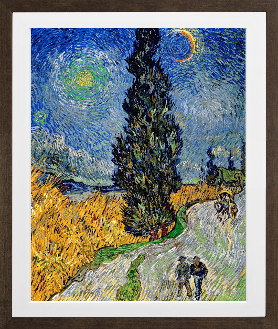 Vincent van Gogh Print, 113 Road with Cypress and Star_10x8 in a brown frame