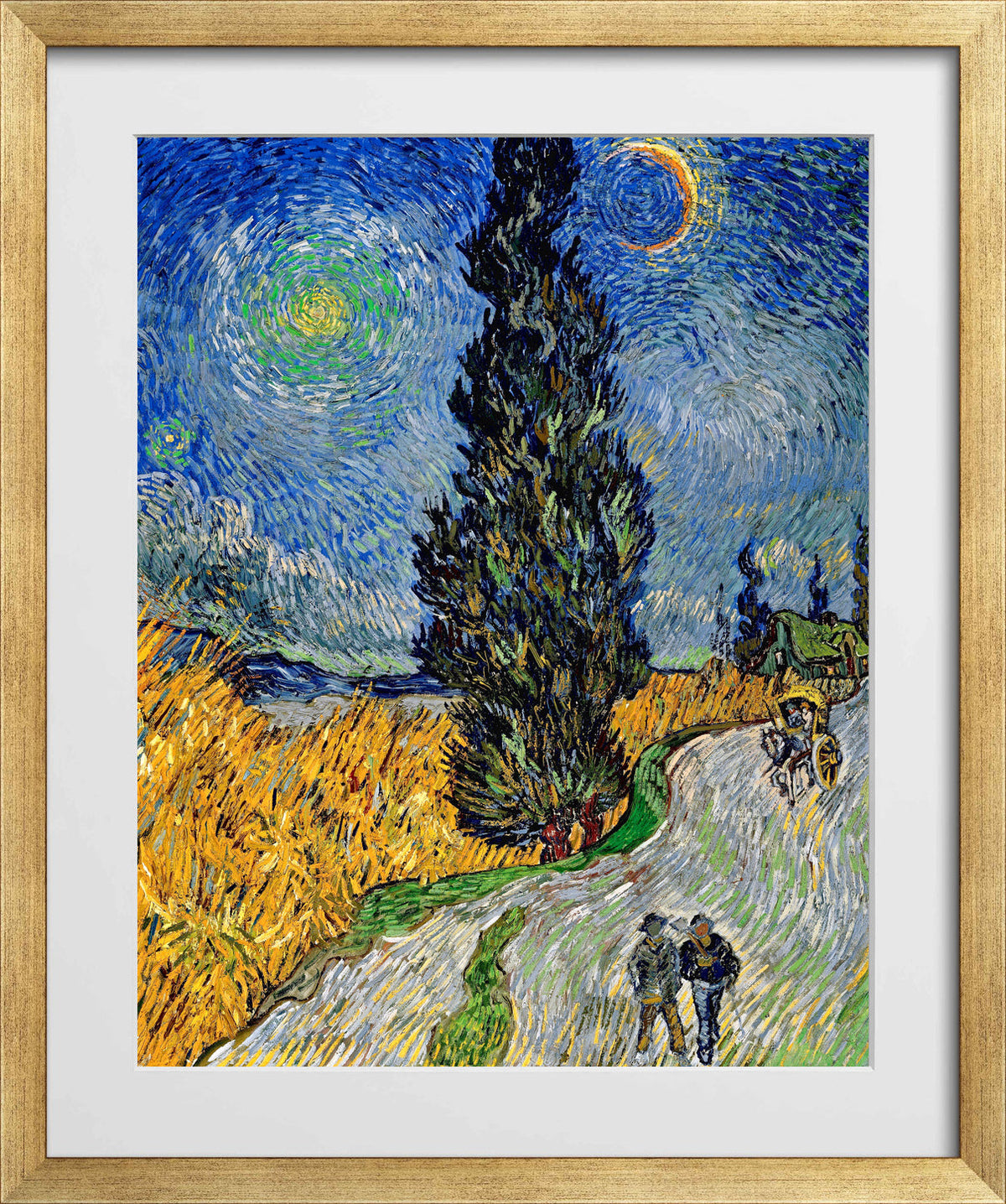 Vincent van Gogh Print, 113 Road with Cypress and Star_10x8 in a gold frame