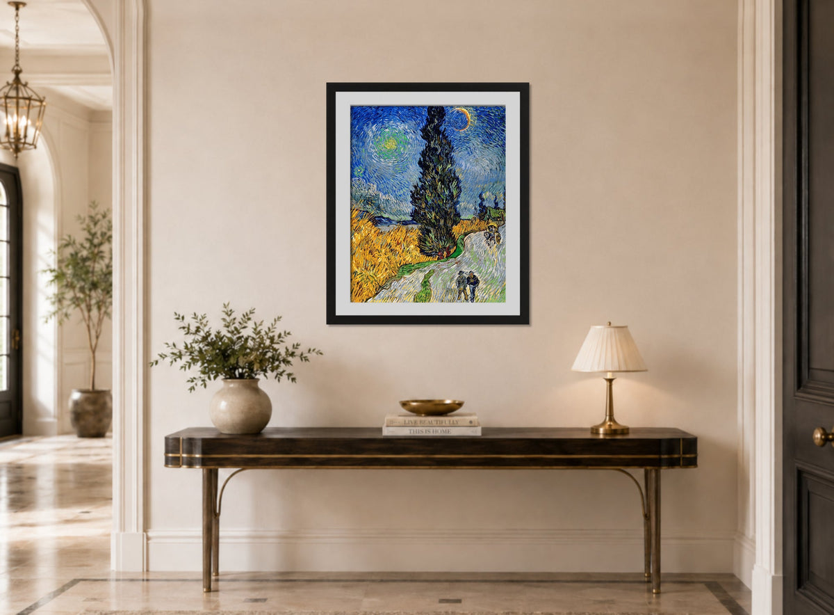 Vincent van Gogh Print, 113 Road with Cypress and Star_10x8 displayed above a console table