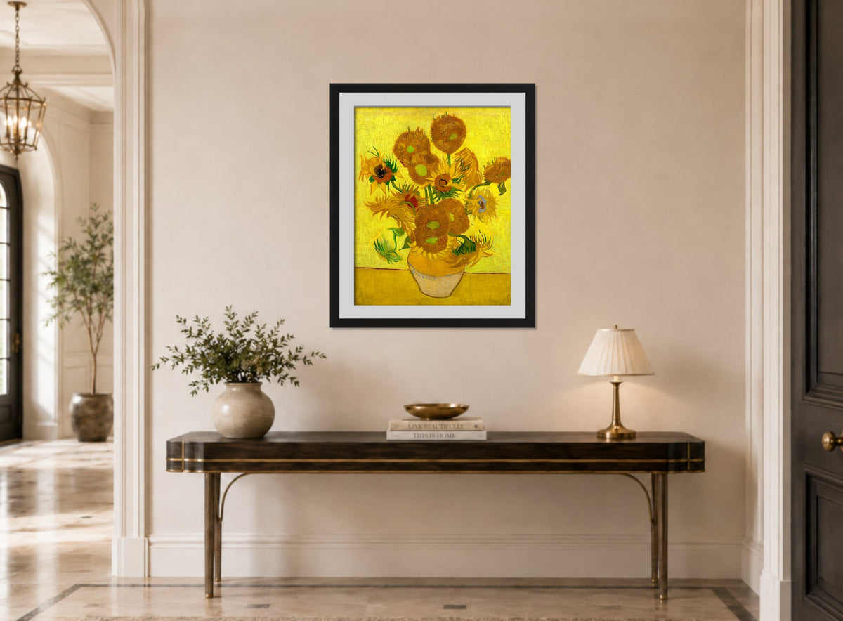 Vincent van Gogh Print, 122 sunflowers_10x8 displayed above a console table