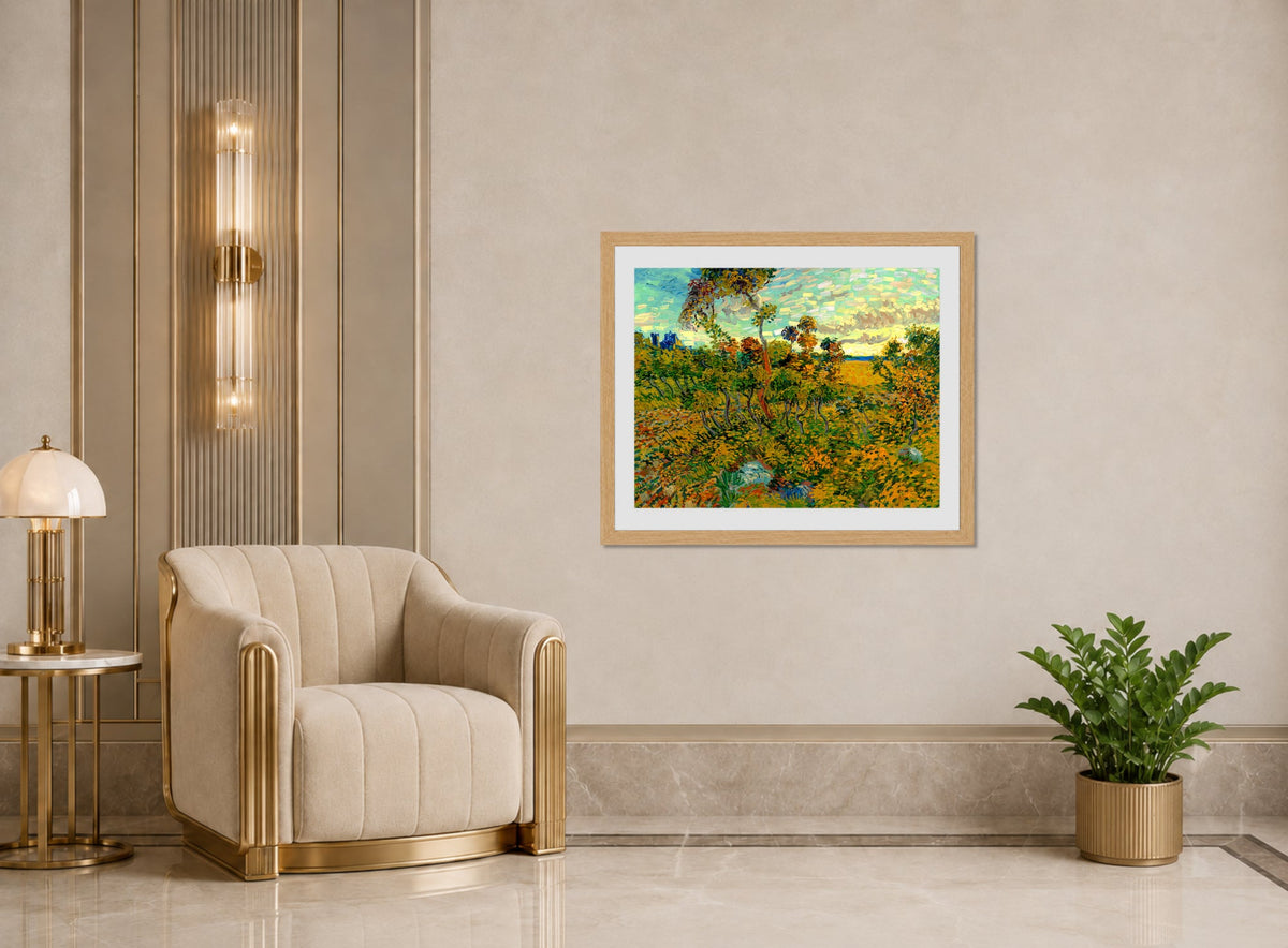 Vincent van Gogh Print, 123 Sunset at Montmajour 1888_10x8 displayed in an Art Deco interior