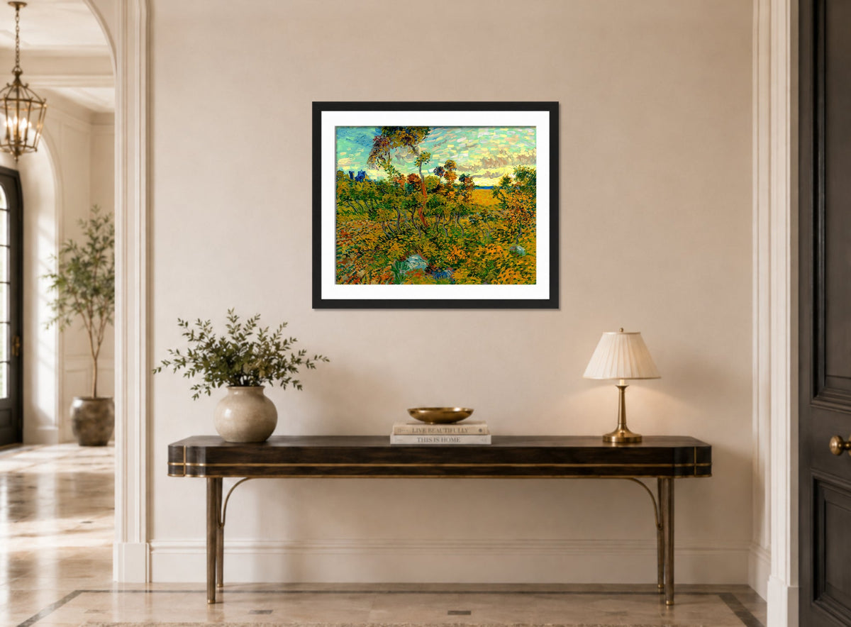 Vincent van Gogh Print, 123 Sunset at Montmajour 1888_10x8 displayed above a console table