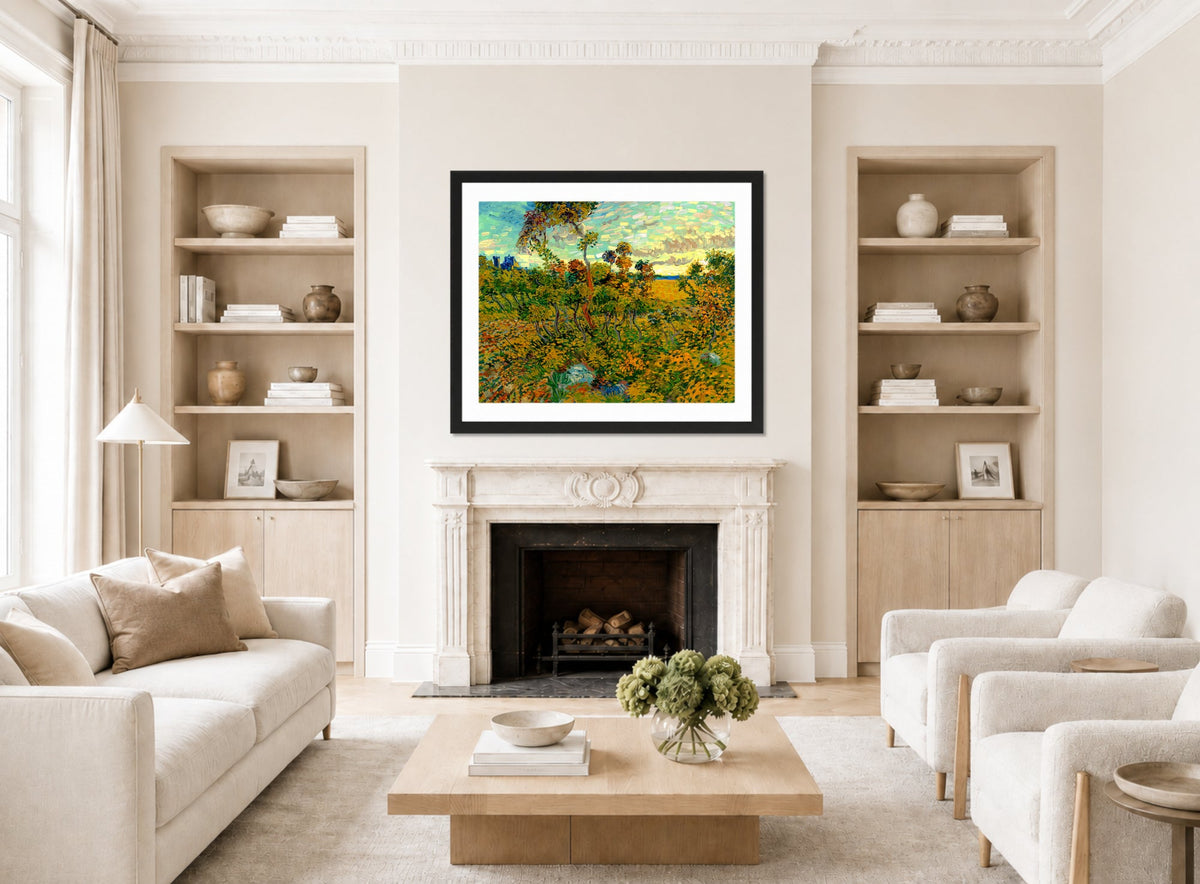 Vincent van Gogh Print, 123 Sunset at Montmajour 1888_10x8 displayed in a Scandinavian living room