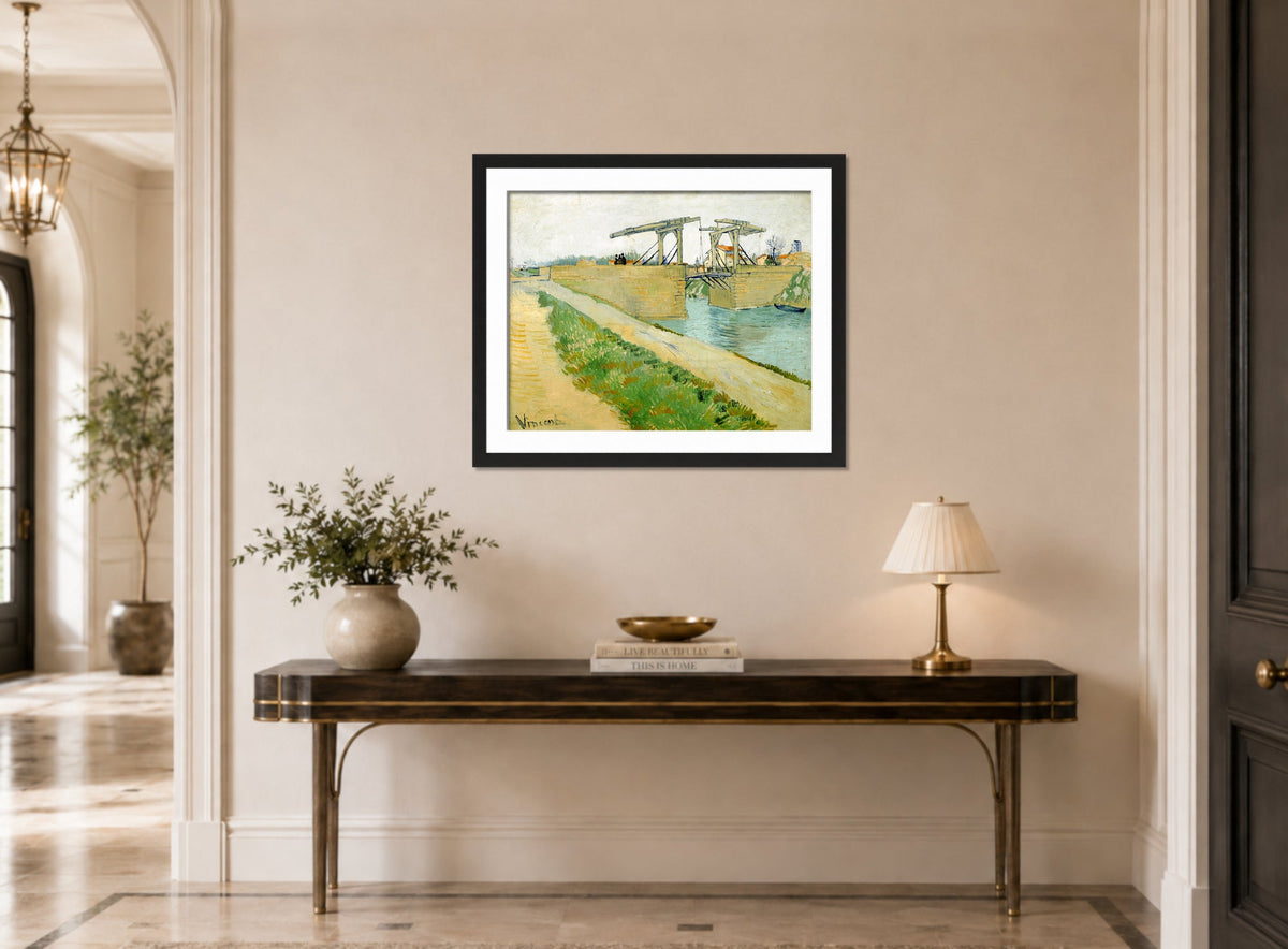 Vincent van Gogh Print, 130 The Langlois bridge (1888)_10x8 displayed above a console table