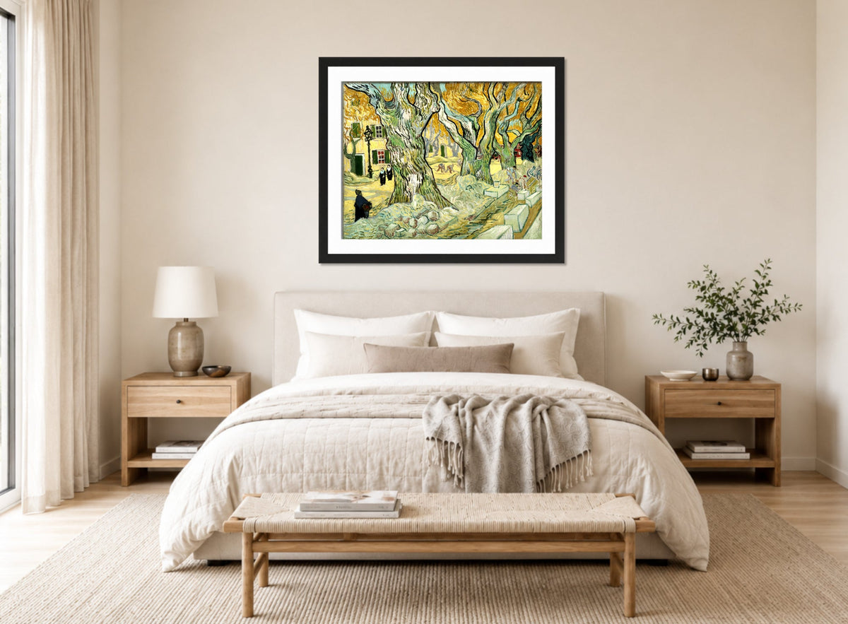 Vincent van Gogh Print, 134 The Road Menders (1889) displayed above a bed
