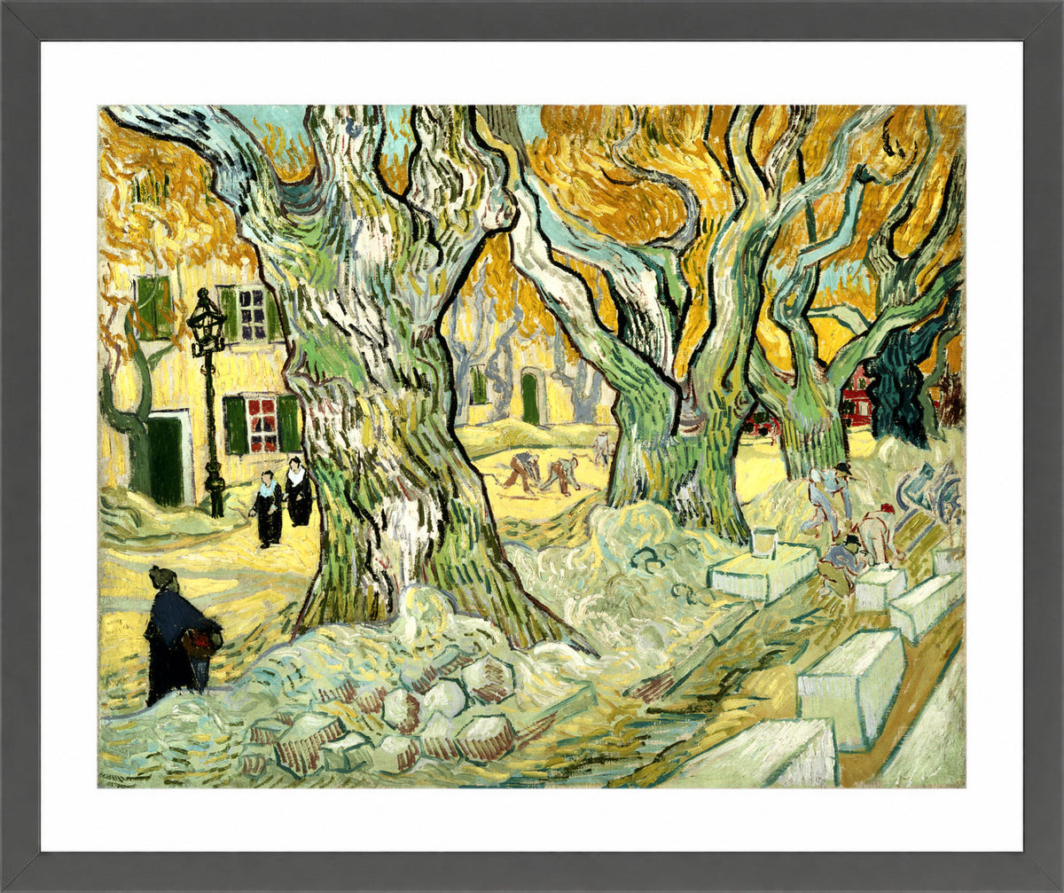 Vincent van Gogh Print, 134 The Road Menders (1889) in a dark grey frame